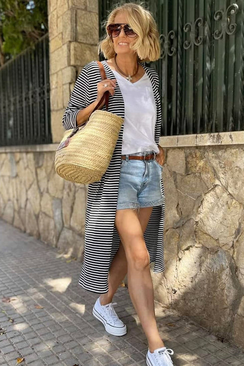 Soft Stretch Knit Striped Long Layering Cardigan