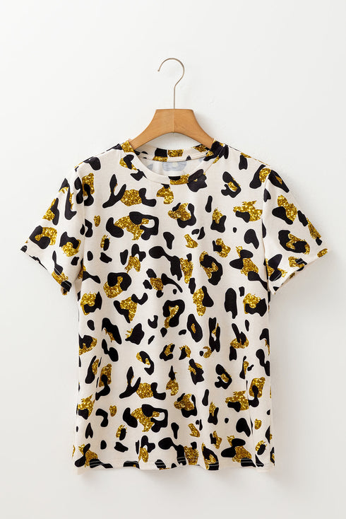 Soft Stretch Leopard Print Round Neck Short Sleeve Tee