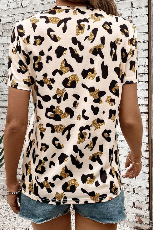 Soft Stretch Leopard Print Round Neck Short Sleeve Tee