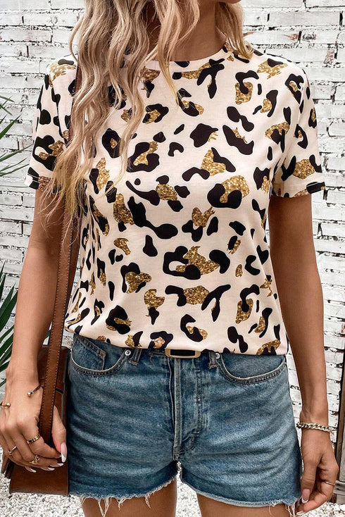 Soft Stretch Leopard Print Round Neck Short Sleeve Tee