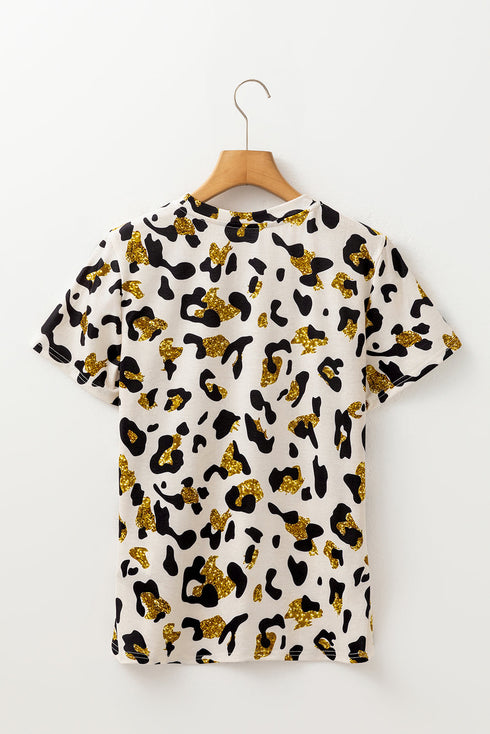 Soft Stretch Leopard Print Round Neck Short Sleeve Tee