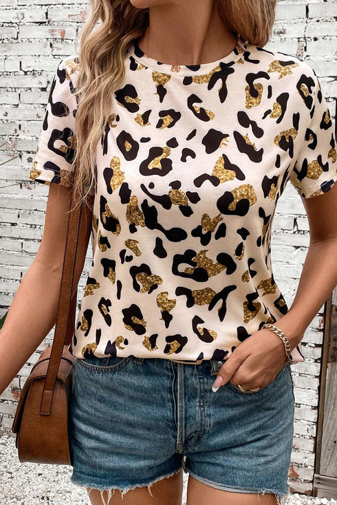 Soft Stretch Leopard Print Round Neck Short Sleeve Tee