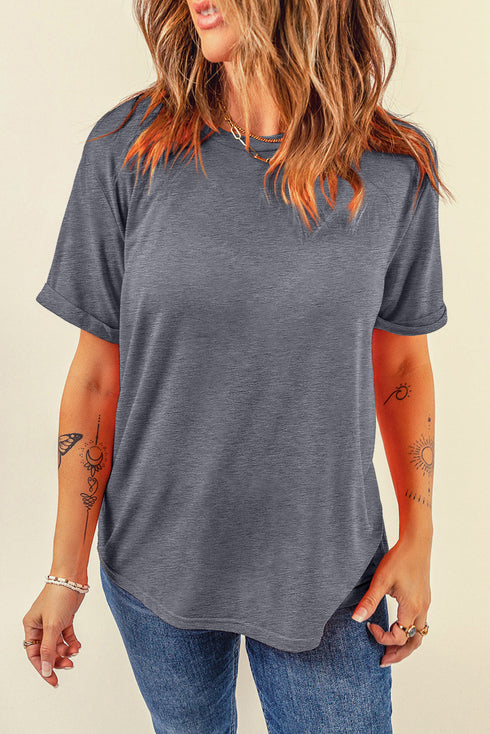 Soft Stretch Solid Crew Neck Rolled Cuff Relaxed Tee