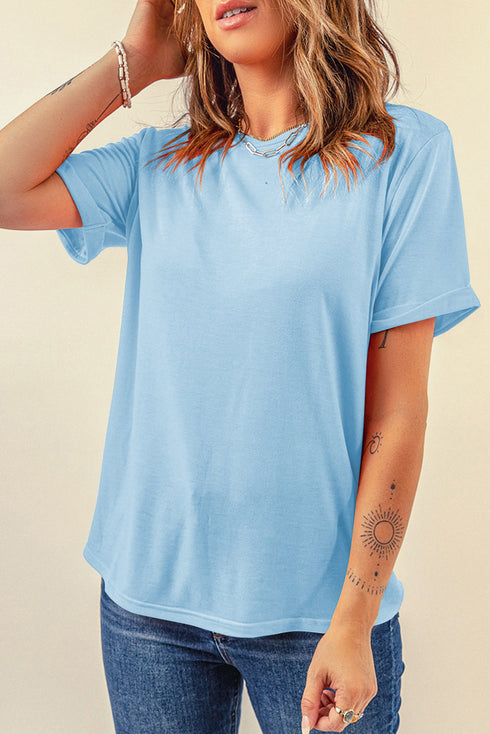 Soft Stretch Solid Crew Neck Rolled Cuff Relaxed Tee