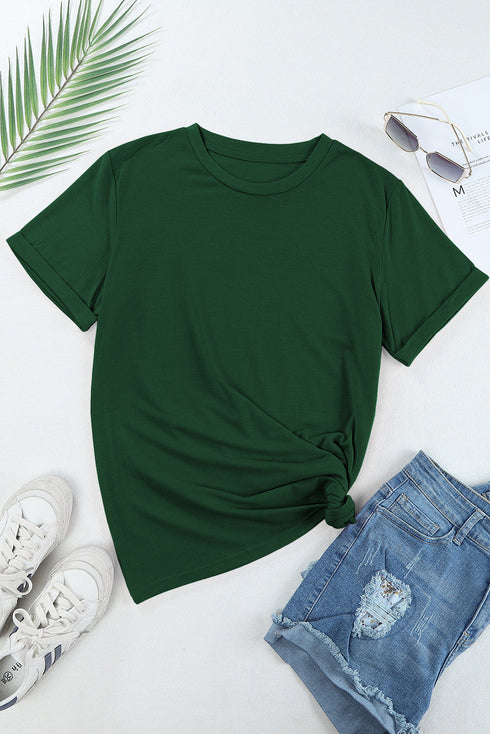Soft Stretch Solid Crew Neck Rolled Cuff Relaxed Tee