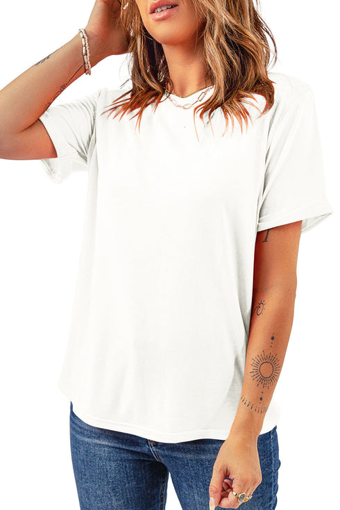 Soft Stretch Solid Crew Neck Rolled Cuff Relaxed Tee