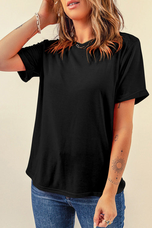 Soft Stretch Solid Crew Neck Rolled Cuff Relaxed Tee