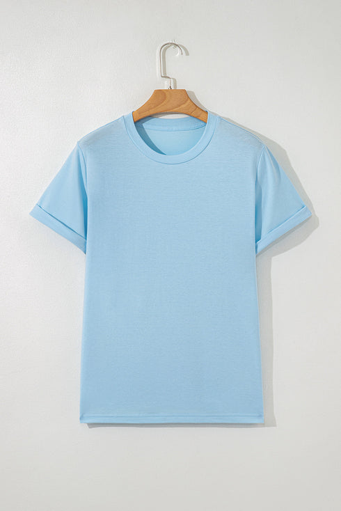 Soft Stretch Solid Crew Neck Rolled Cuff Relaxed Tee