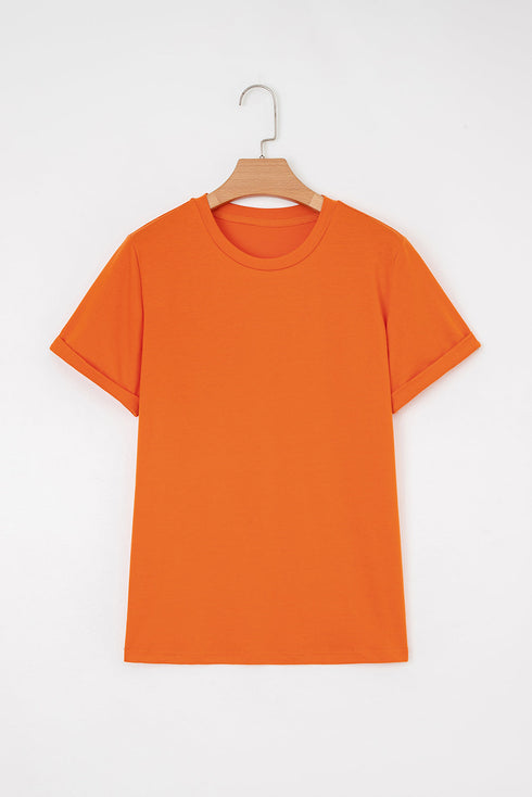 Soft Stretch Solid Crew Neck Rolled Cuff Relaxed Tee
