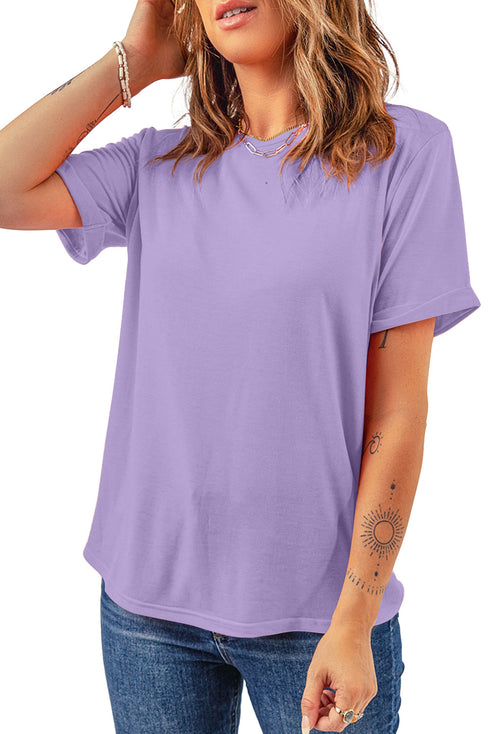 Soft Stretch Solid Crew Neck Rolled Cuff Relaxed Tee