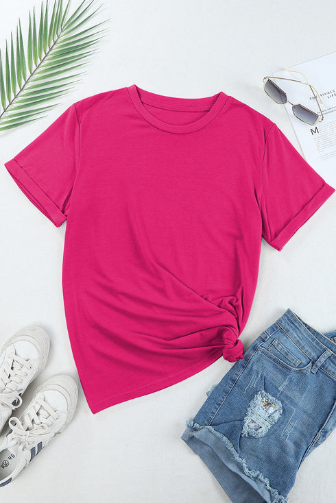 Soft Stretch Solid Crew Neck Rolled Cuff Relaxed Tee