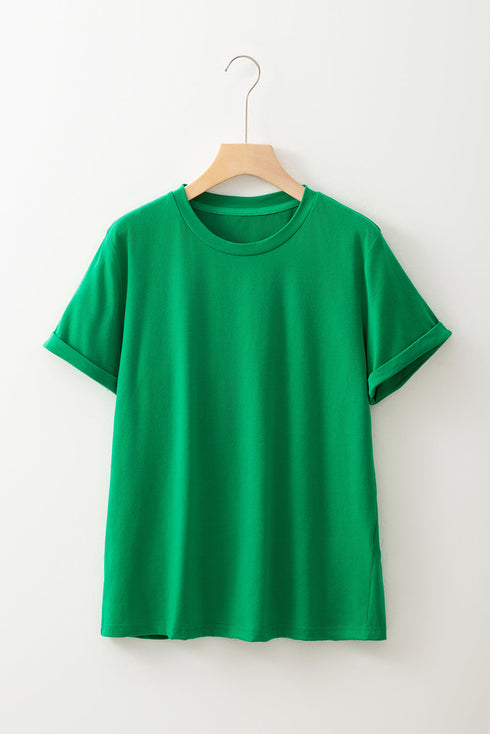Soft Stretch Solid Crew Neck Rolled Cuff Relaxed Tee