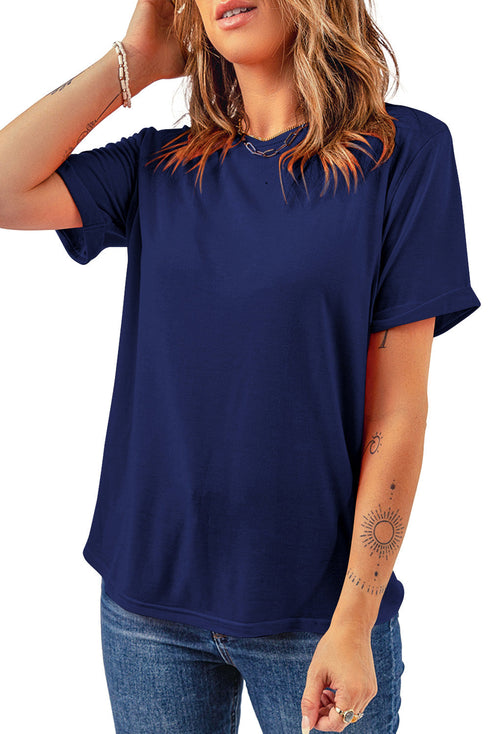 Soft Stretch Solid Crew Neck Rolled Cuff Relaxed Tee