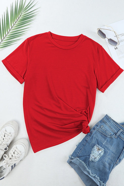 Soft Stretch Solid Crew Neck Rolled Cuff Relaxed Tee