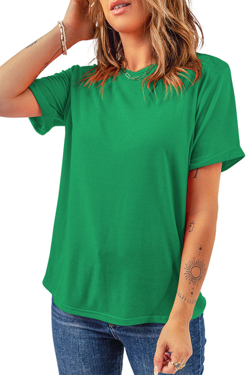 Soft Stretch Solid Crew Neck Rolled Cuff Relaxed Tee
