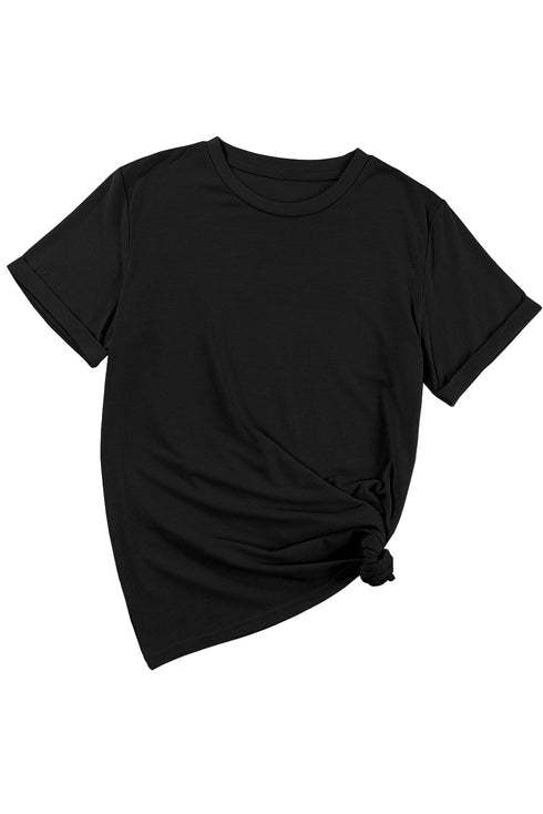 Soft Stretch Solid Crew Neck Rolled Cuff Relaxed Tee