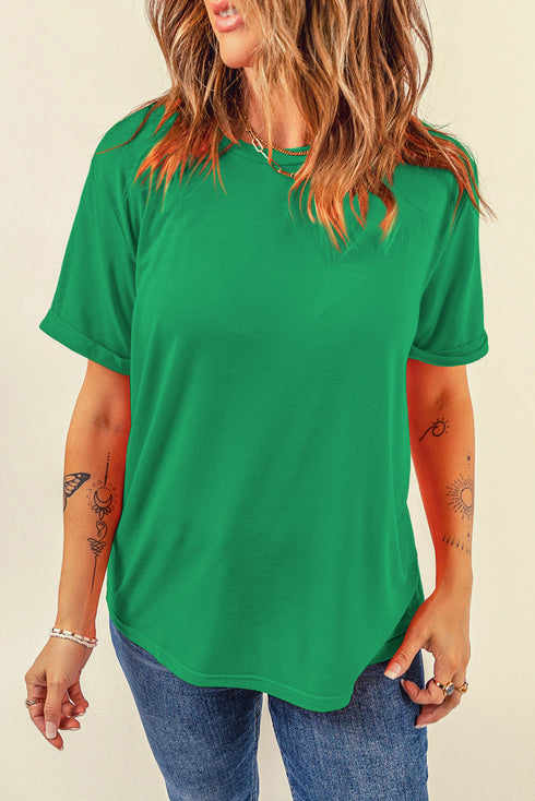 Soft Stretch Solid Crew Neck Rolled Cuff Relaxed Tee