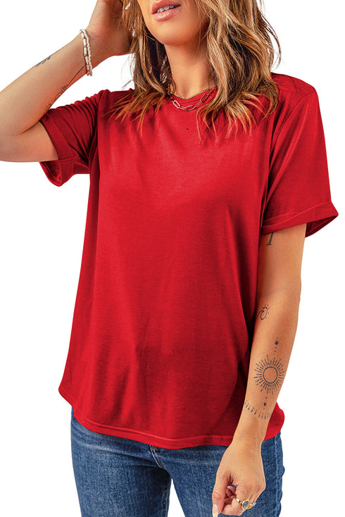 Soft Stretch Solid Crew Neck Rolled Cuff Relaxed Tee
