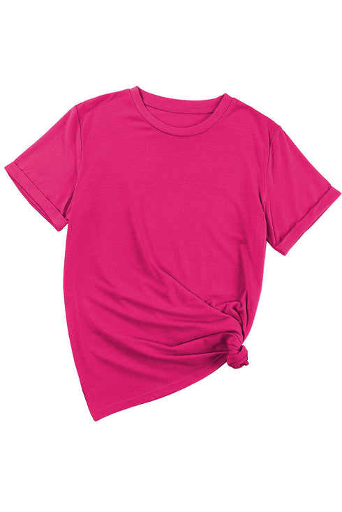 Soft Stretch Solid Crew Neck Rolled Cuff Relaxed Tee