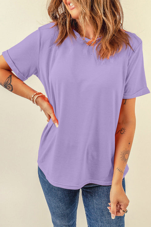 Soft Stretch Solid Crew Neck Rolled Cuff Relaxed Tee