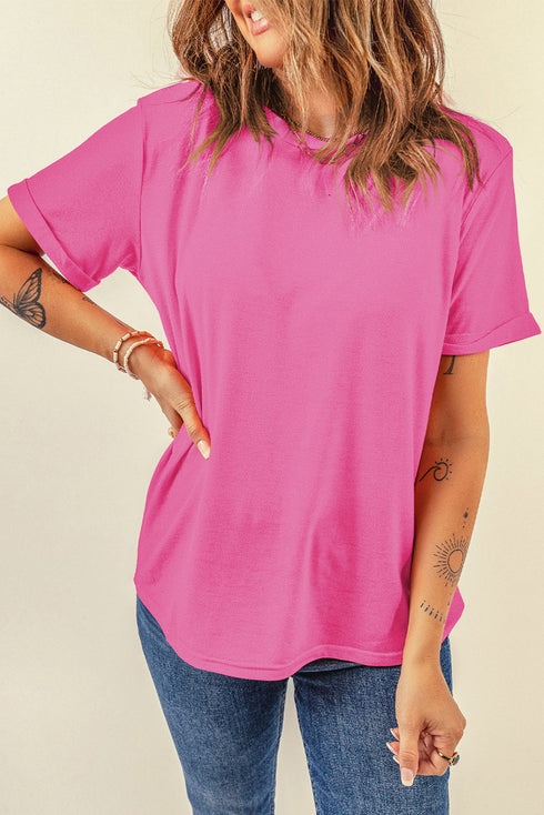 Soft Stretch Solid Crew Neck Rolled Cuff Relaxed Tee