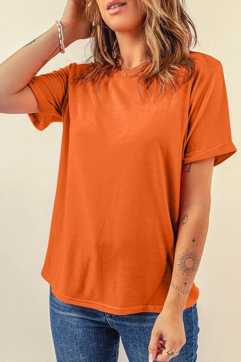 Soft Stretch Solid Crew Neck Rolled Cuff Relaxed Tee