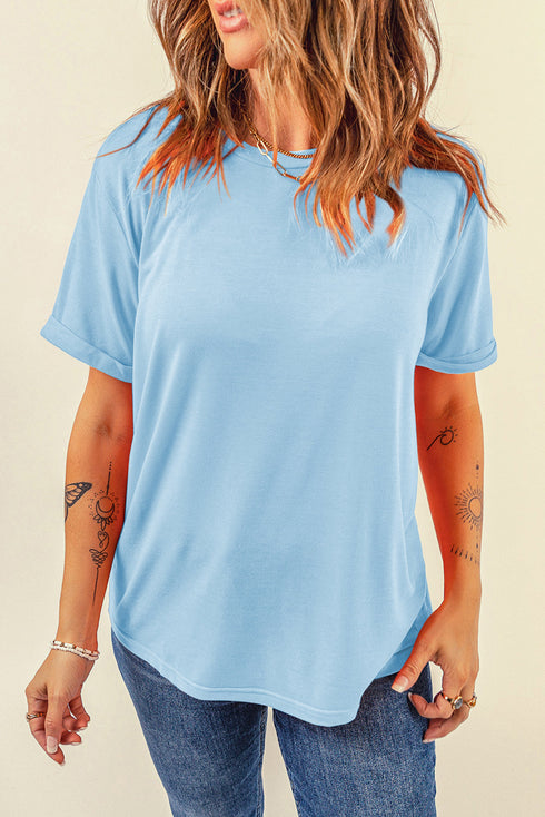 Soft Stretch Solid Crew Neck Rolled Cuff Relaxed Tee