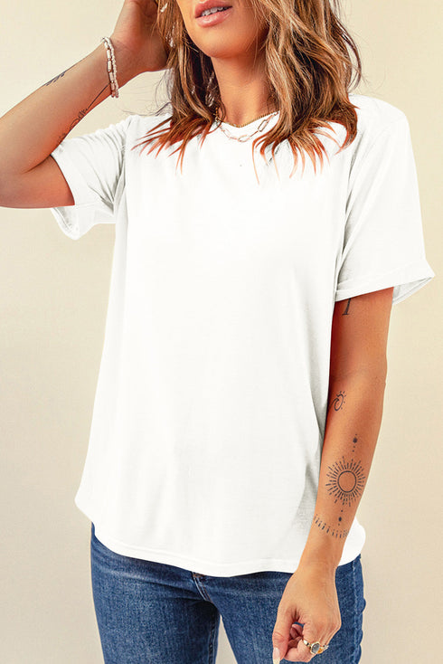 Soft Stretch Solid Crew Neck Rolled Cuff Relaxed Tee