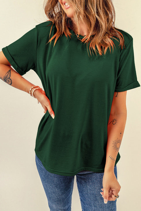 Soft Stretch Solid Crew Neck Rolled Cuff Relaxed Tee