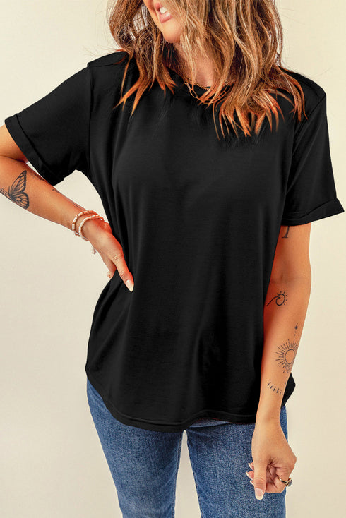 Soft Stretch Solid Crew Neck Rolled Cuff Relaxed Tee