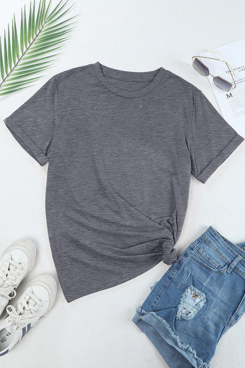 Soft Stretch Solid Crew Neck Rolled Cuff Relaxed Tee