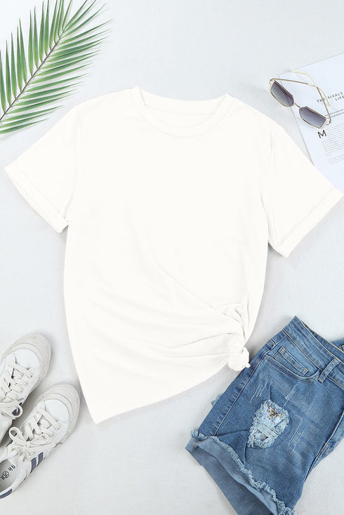 Soft Stretch Solid Crew Neck Rolled Cuff Relaxed Tee