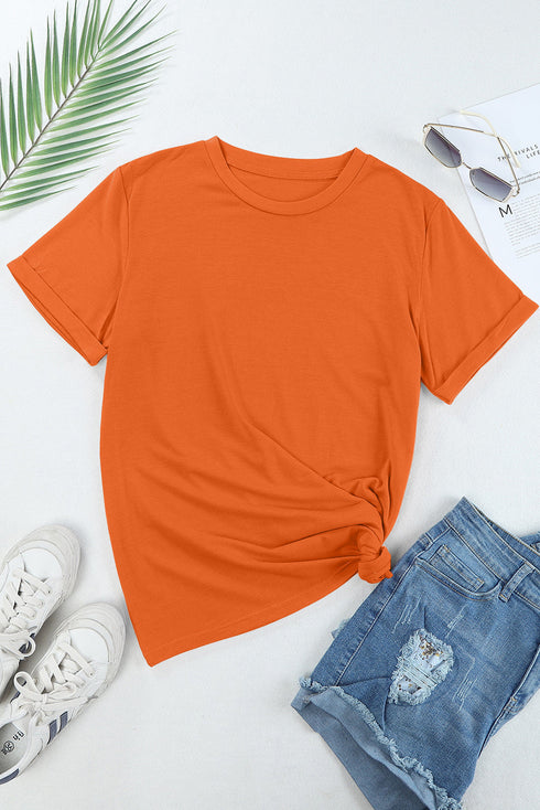 Soft Stretch Solid Crew Neck Rolled Cuff Relaxed Tee