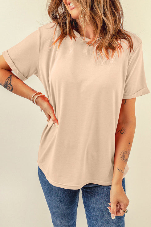 Soft Stretch Solid Crew Neck Rolled Cuff Relaxed Tee
