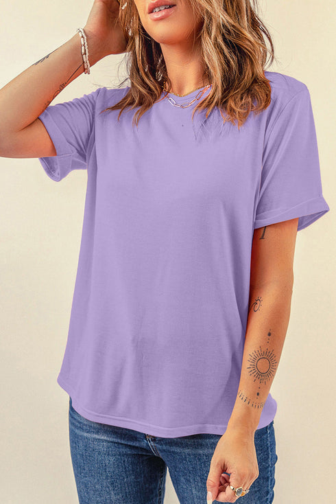 Soft Stretch Solid Crew Neck Rolled Cuff Relaxed Tee