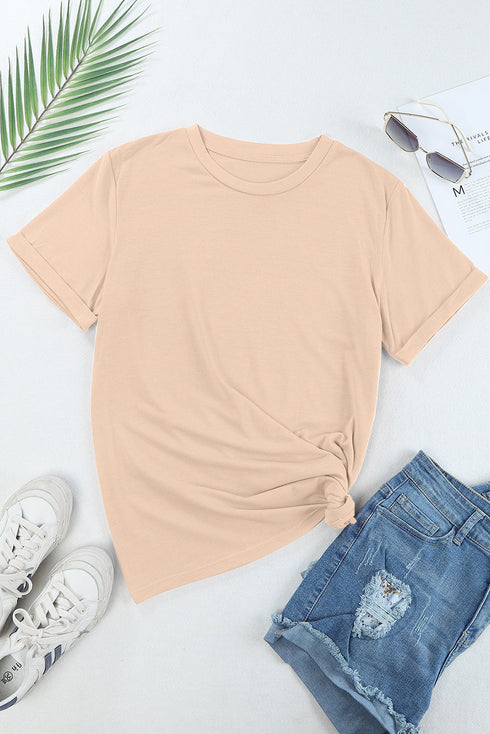 Soft Stretch Solid Crew Neck Rolled Cuff Relaxed Tee