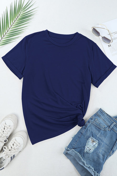 Soft Stretch Solid Crew Neck Rolled Cuff Relaxed Tee