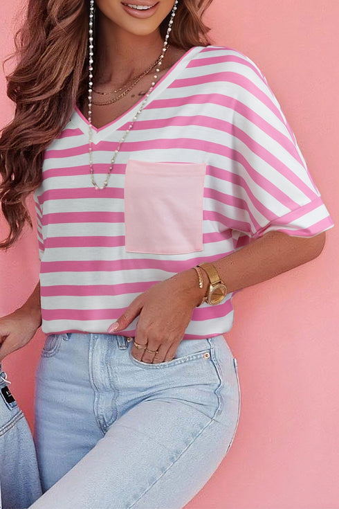 Soft Stretch Striped V Neck Pocket Tee Shirt