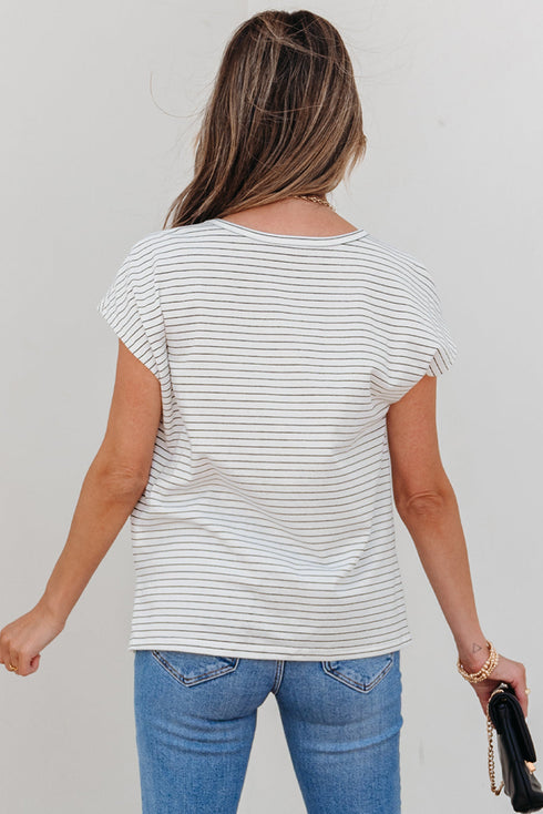 Soft Striped Crew Neck Cap Sleeve Pocket Tee