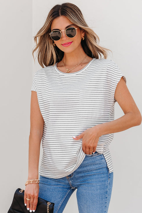 Soft Striped Crew Neck Cap Sleeve Pocket Tee