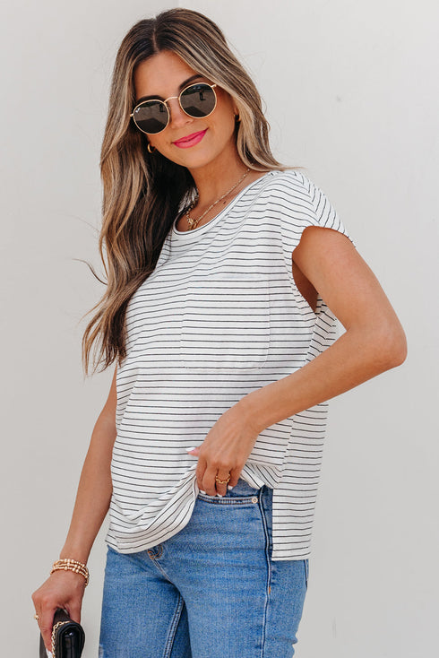 Soft Striped Crew Neck Cap Sleeve Pocket Tee