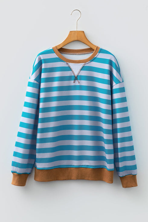 Soft Striped Crew Neck Long Sleeve Ribbed Trim Sweatshirt