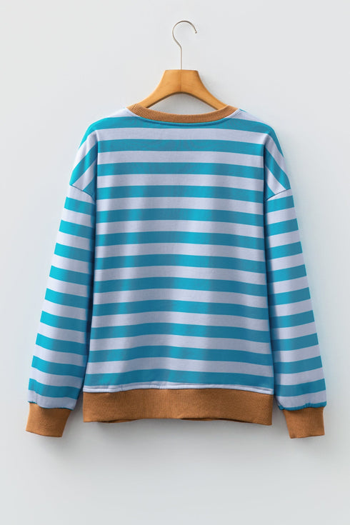 Soft Striped Crew Neck Long Sleeve Ribbed Trim Sweatshirt