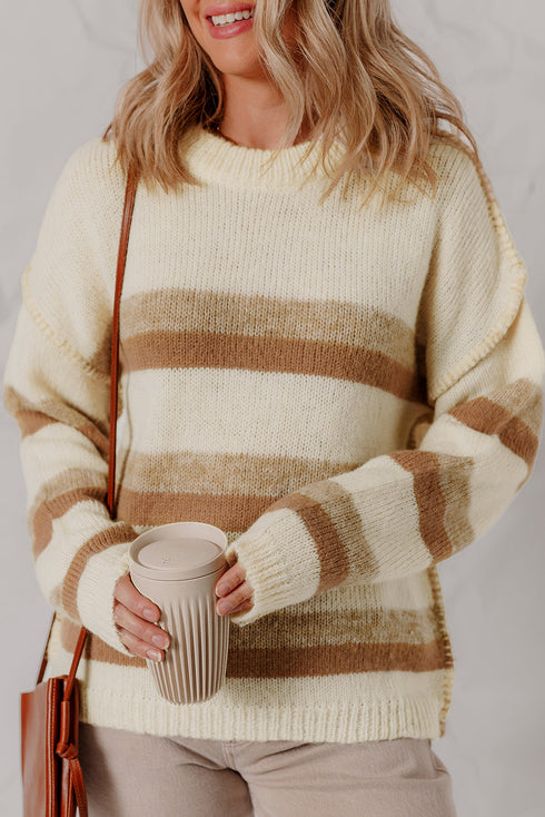 Soft Striped Exposed Seam Drop Shoulder Knit Sweater