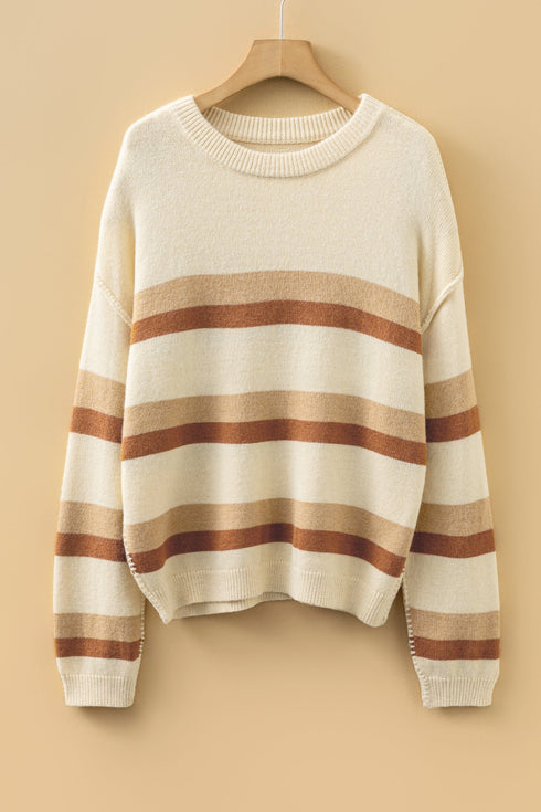 Soft Striped Exposed Seam Drop Shoulder Knit Sweater
