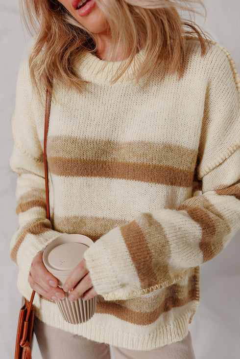 Soft Striped Exposed Seam Drop Shoulder Knit Sweater