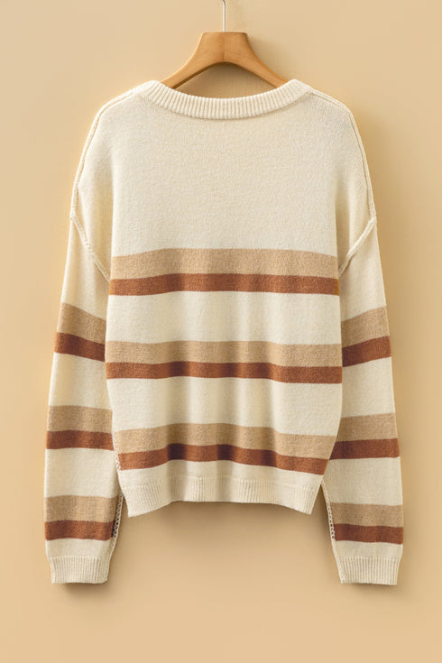 Soft Striped Exposed Seam Drop Shoulder Knit Sweater