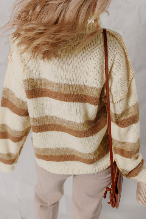 Soft Striped Exposed Seam Drop Shoulder Knit Sweater