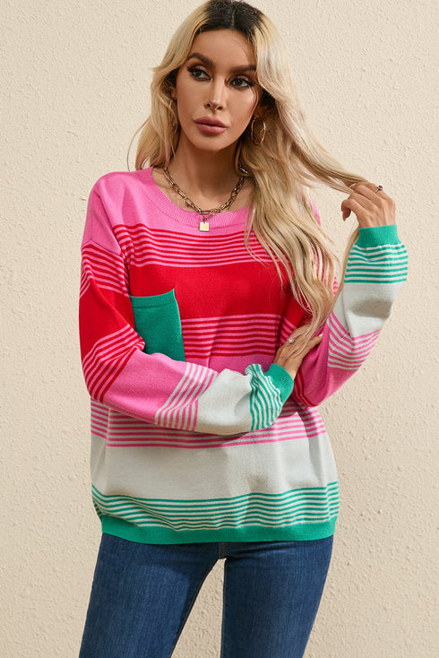 Soft Striped Knit Patch Pocket Pullover Sweater