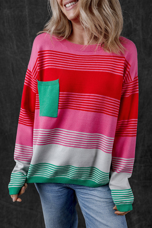 Soft Striped Knit Patch Pocket Pullover Sweater
